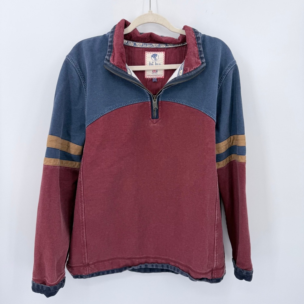 FatFace Airlie Mens Large Burgundy Blue Colorblock 1/4 Zip Pique Sweatshirt 90's